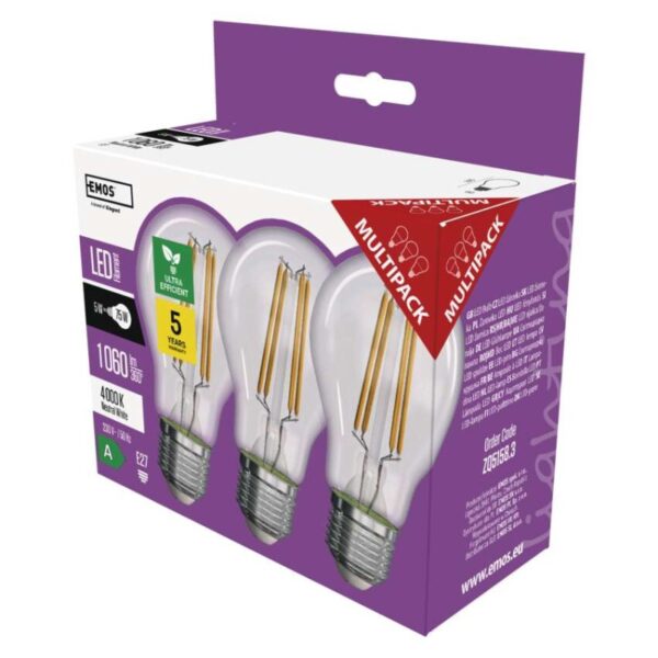 LED žárovka Filament A CLASS A60 / E27 / 5 W (75 W) / 1 060 lm / neutrální bílá